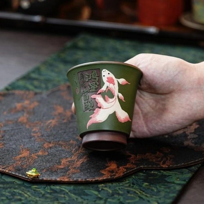 140ml Yixing Purple Clay Handpainted Koi Teacup Tea Tea-tasting Cup Master Cup