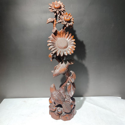 10" chinese boxwood carving Nature Scene bird sunflower Large statue home decor