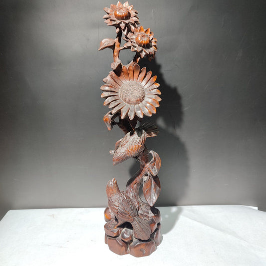 10" chinese boxwood carving Nature Scene bird sunflower Large statue home decor