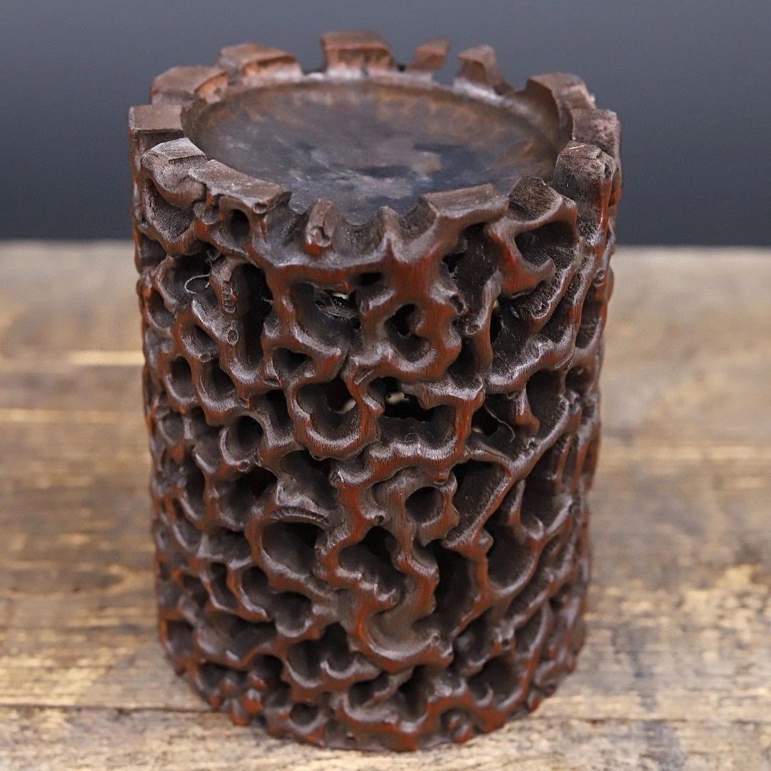 Vintage Hand-Carved Bamboo Openwork Brush Pot, 12x16cm