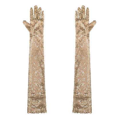 Women Gloves Vintage Shiny Sequin Finger Elbow Length Long Mittens Opera Costume