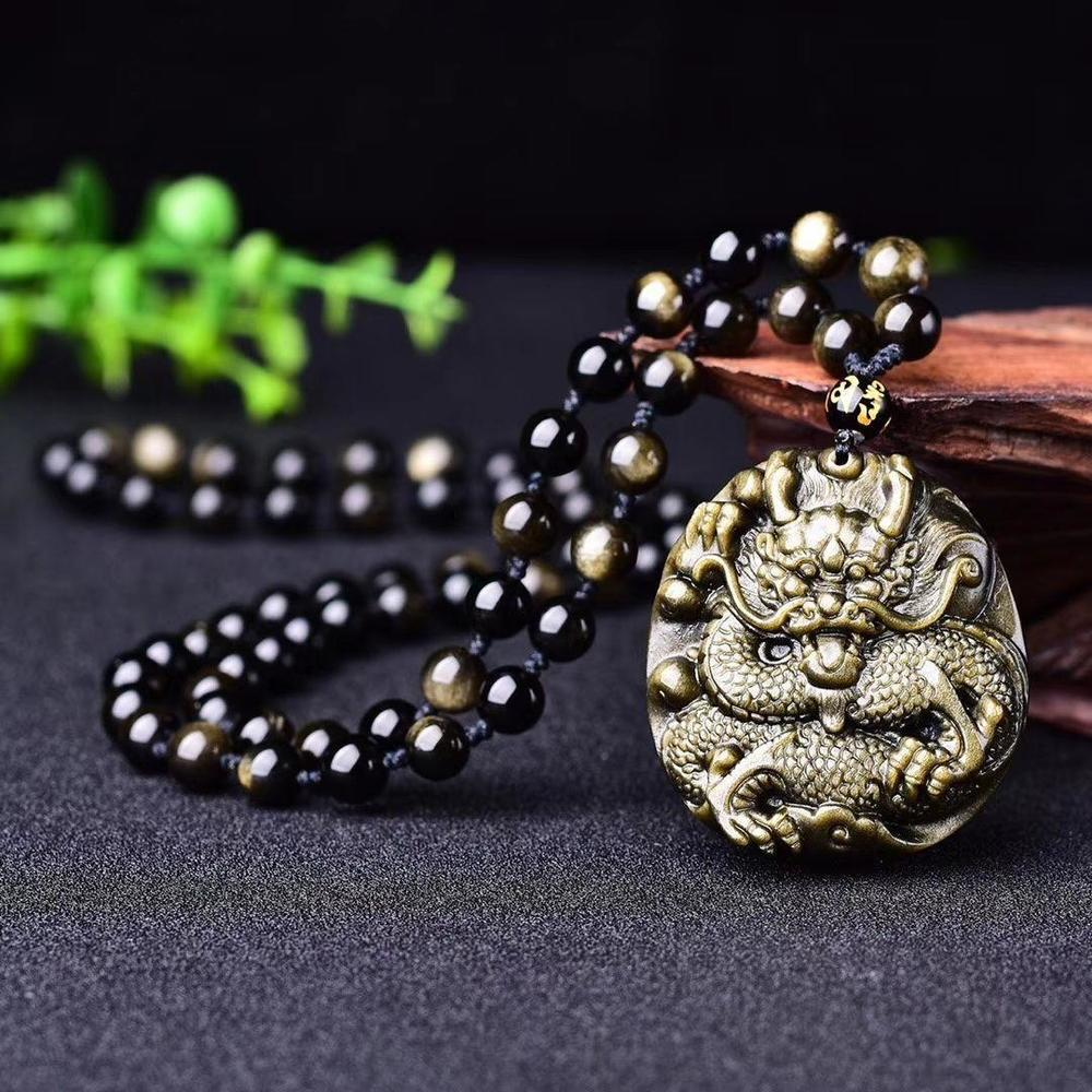 Gold Obsidian Natural Quartz crystal Dragon Statue Pendant Healing + Bracelet