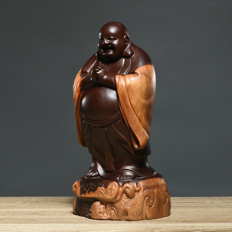 8" Natural Ebony Wood Carved Maitreya Buddha Statue Happy Laughing Buddhism