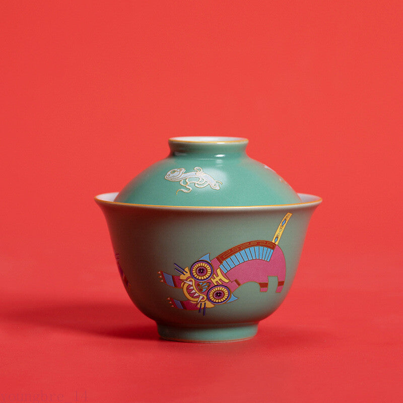 Chinese Funny Tiger Porcelain Gaiwan For Tea Green Tureen With Lid Teaware Tea