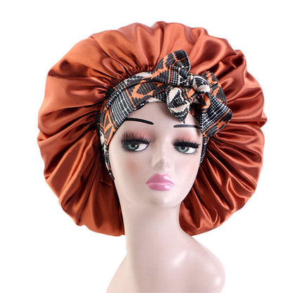 Women Large Double Layer Print Satin Bonnet Adjustable Shower Cap Bonnet Hat