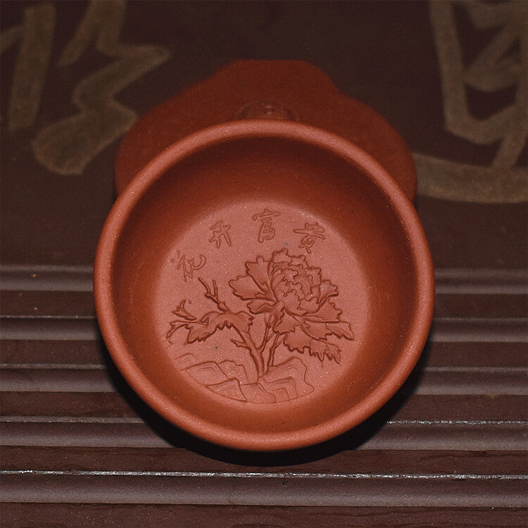 One Cup Peony Flower Carved Relief Tea Cup Marked Chinese Yixing Zisha Tea Cup