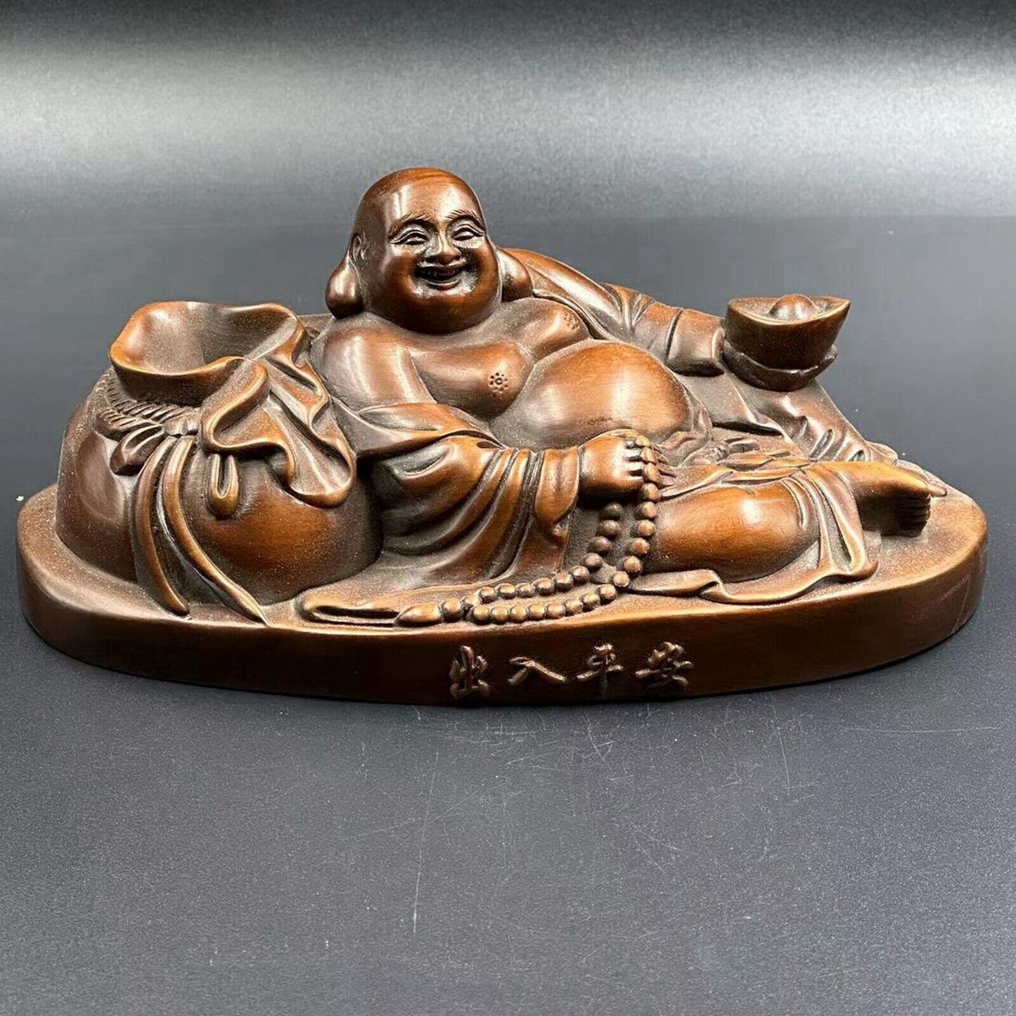 Antique Chinese Boxwood Wood Carved Maitreya Buddha Statue Wooden Decor Artwork