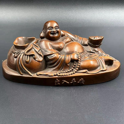 Antique Chinese Boxwood Wood Carved Maitreya Buddha Statue Wooden Decor Artwork