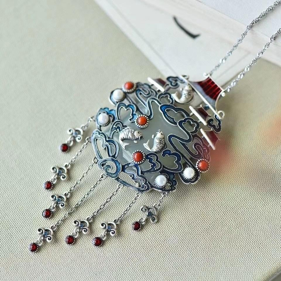Chinese Style Koi Pendant Enamel White Glass Inlaid Multi Gem Necklace Women