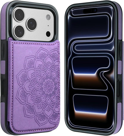 for Iphone 17 Pro Case with Card Holder,Flower Magnetic Buttons Protective Walle