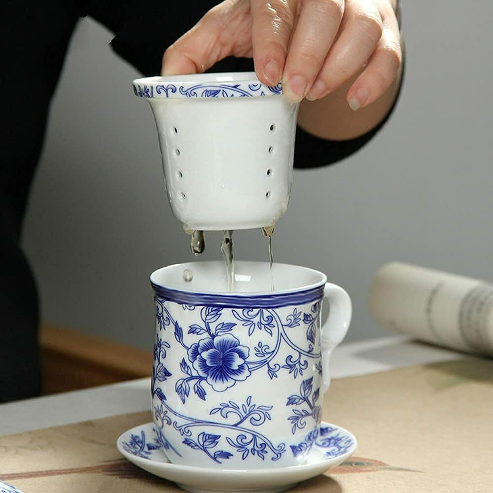 260ml Chinese Porcelain Tea Cup Set Saucer Lid Infuser Ceramic Teacup Tea Filter