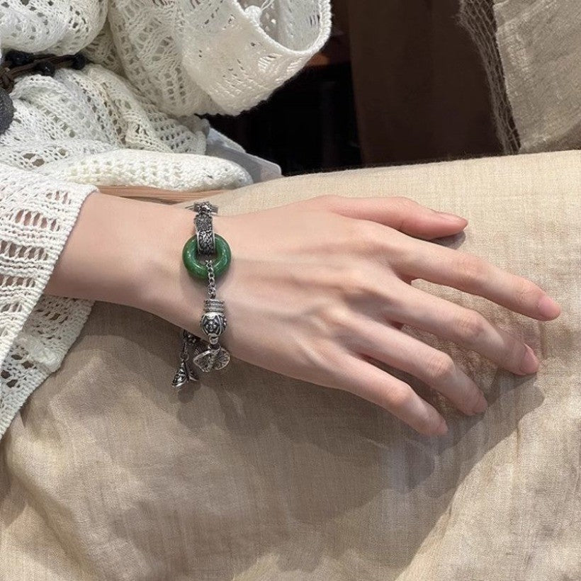 Vintage Chinese Jade Bracelet Retro Silver Tassel Beaded Bracelet for Women