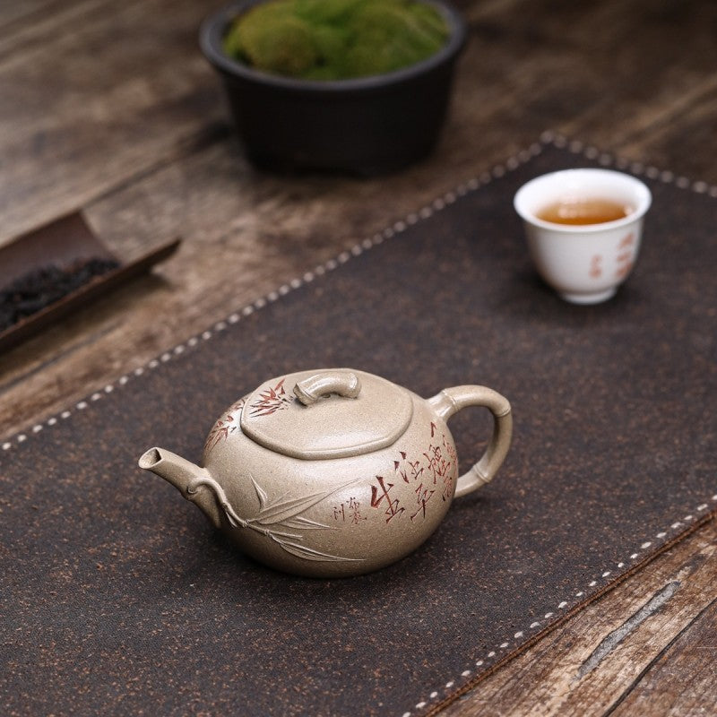 True Yixing Zisha Qingduan Clay Tea Pot Bamboo Chinese Character Carved Pot New