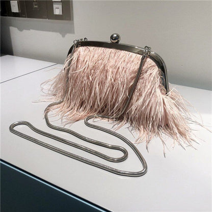 Small Feather Handbag Party Purse Elegant White Pearl Chain Shoulder Bag 22*20*4