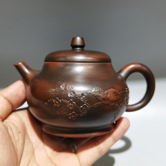 Vintage Chinese Yixing Purple Clay Teapot Zisha Ceremony Flower Bird Tea Set Art