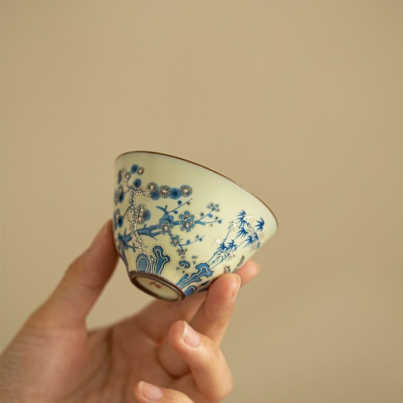 Blue & White Ru Kiln Pine Bamboo Plum Teacup 55ml Gongfu Tea Cup