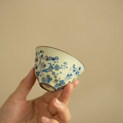 Blue & White Ru Kiln Pine Bamboo Plum Teacup 55ml Gongfu Tea Cup