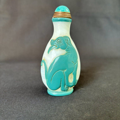 Old Beijing Chinese Carved Dog Statue Snuff Bottle Glass Overlay Box Gift Rare