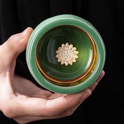 China Longquan Celadon Porcelain Tea Cup Gilding Master Cup Ceramic Fish Carved