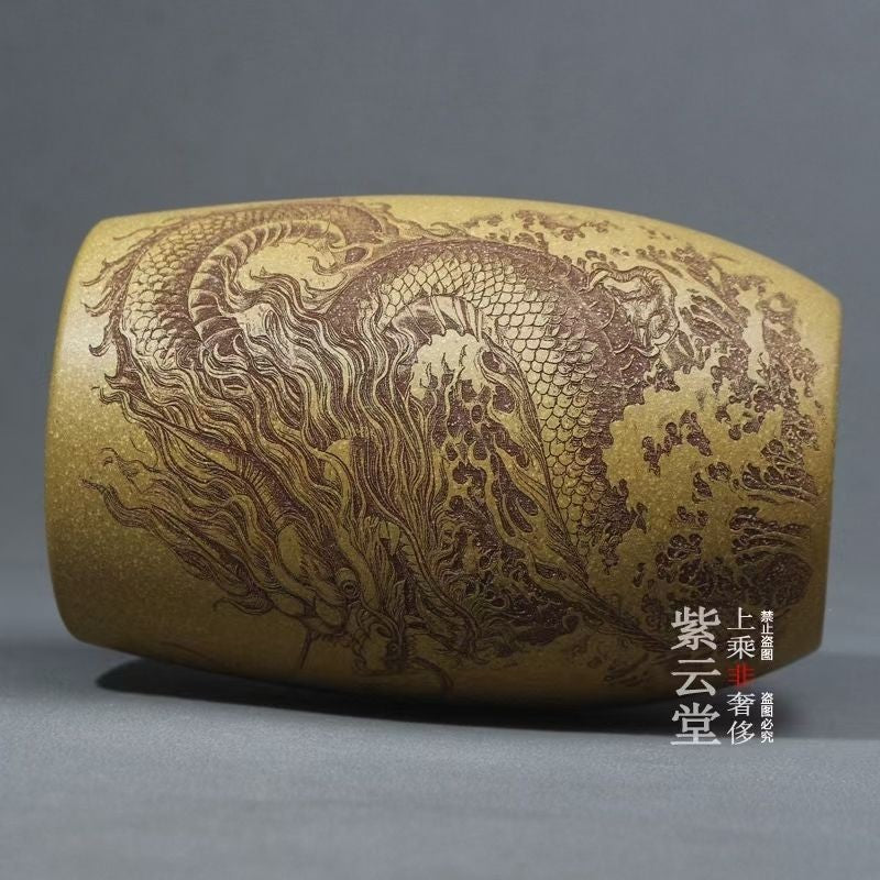 Yixing Purple Clay Dragon Cup Gold Section Clay Hand Carved Large Tea Cup