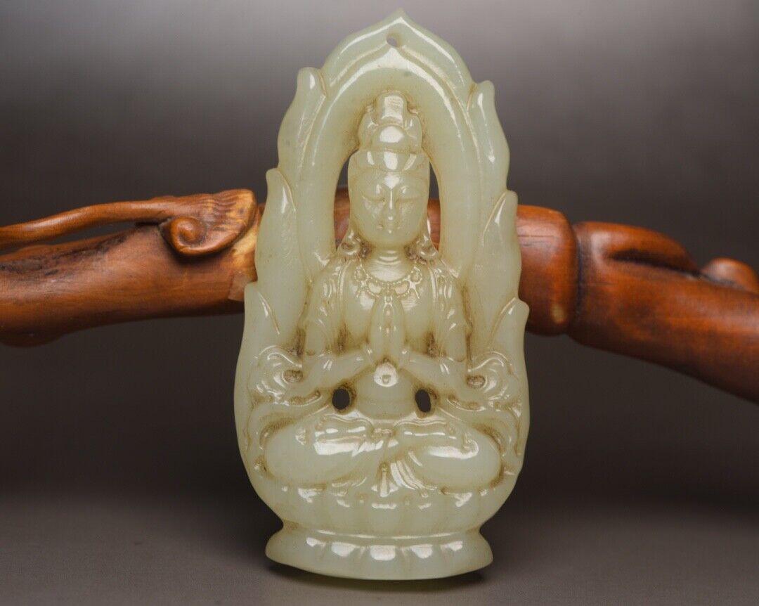 Chinese Natural Hetian Jade Carving Kwan Yin Statue Lucky Jade Pendant Jewelry