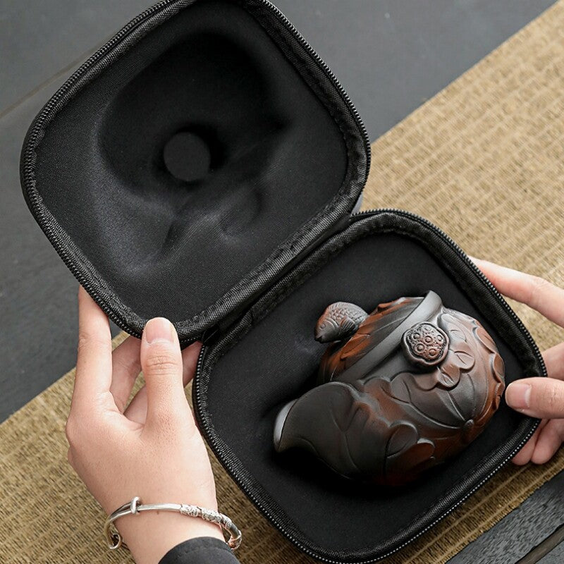 Portable Tea Set Chinese Purple Pottery Tea Pot Matching Cup Portable Bag Lotus