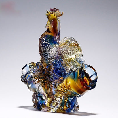 Chinese Liu Li Crystal Glass Rooster Statue Feng Shui Ornament Decor