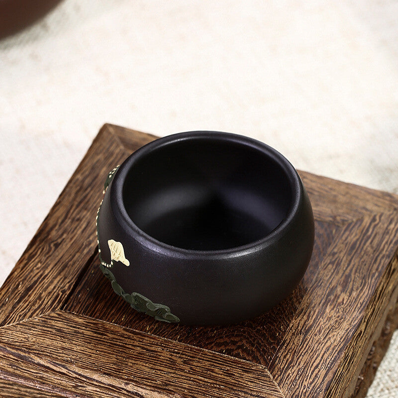 Chinese Real Yixing Zisha Black Clay Tea Cup Handmade Floral Relief Master Cups
