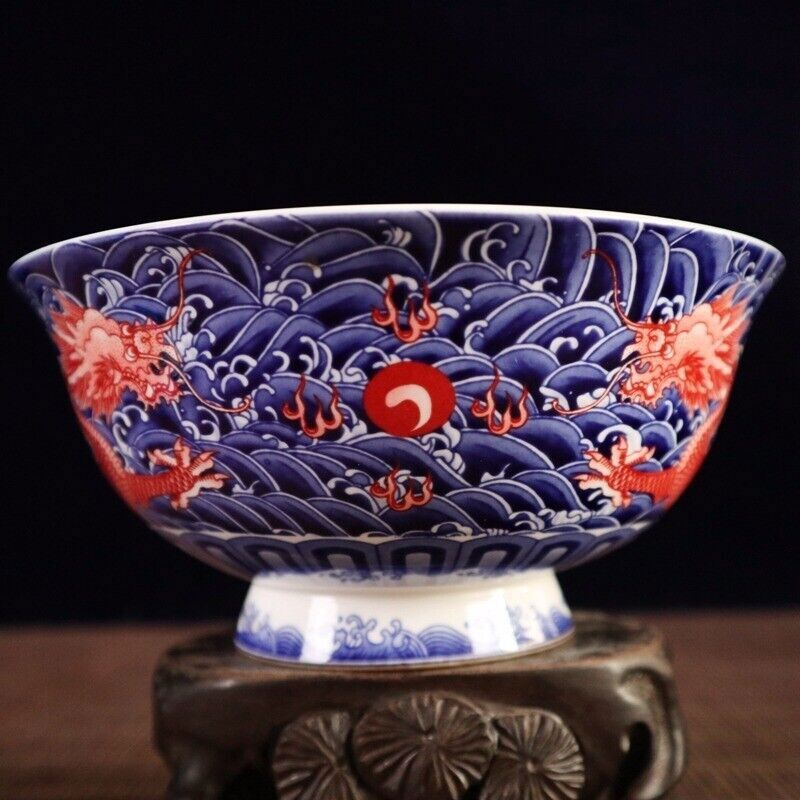 6.2" Chinese Blue and White Porcelain Red Glaze Two Dragon Grain Big Bowl