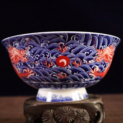 6.2" Chinese Blue and White Porcelain Red Glaze Two Dragon Grain Big Bowl