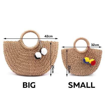 Handmade Bags Pompon Beach Weaving Straw Bag Wrapped Beach Moon Shaped Purses