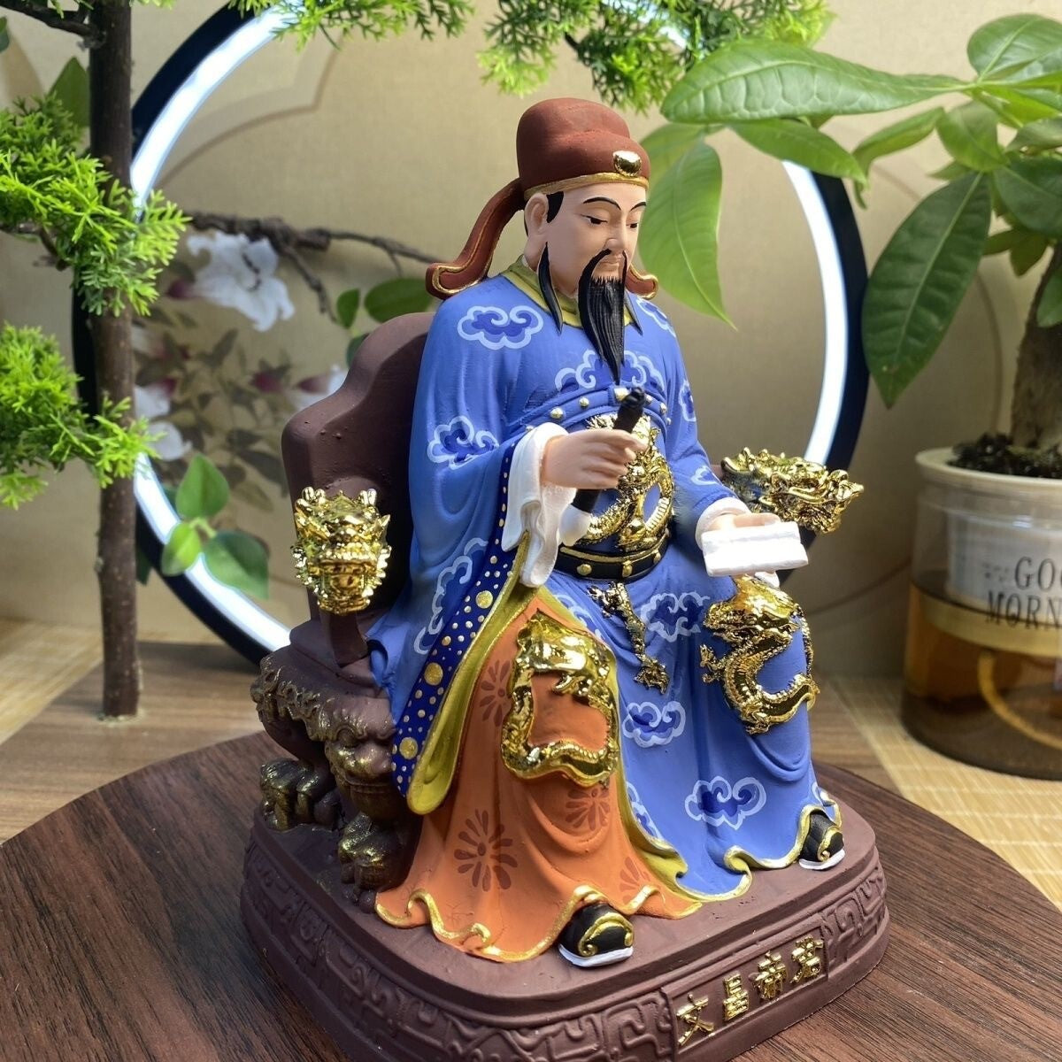 8" Hand Painting Boxwood Wenchang Dijun Emperor Statue Wen Chang Wang King God