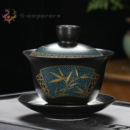 Chinese Tea Set Classical Gaiwan Cup Black Clay 180ml Traditional Handmade Bowl