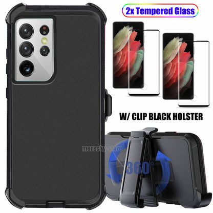 For Samsung Galaxy S21 Plus/Ultra 5G Hard Belt Clip Case Cover Tempered Glass