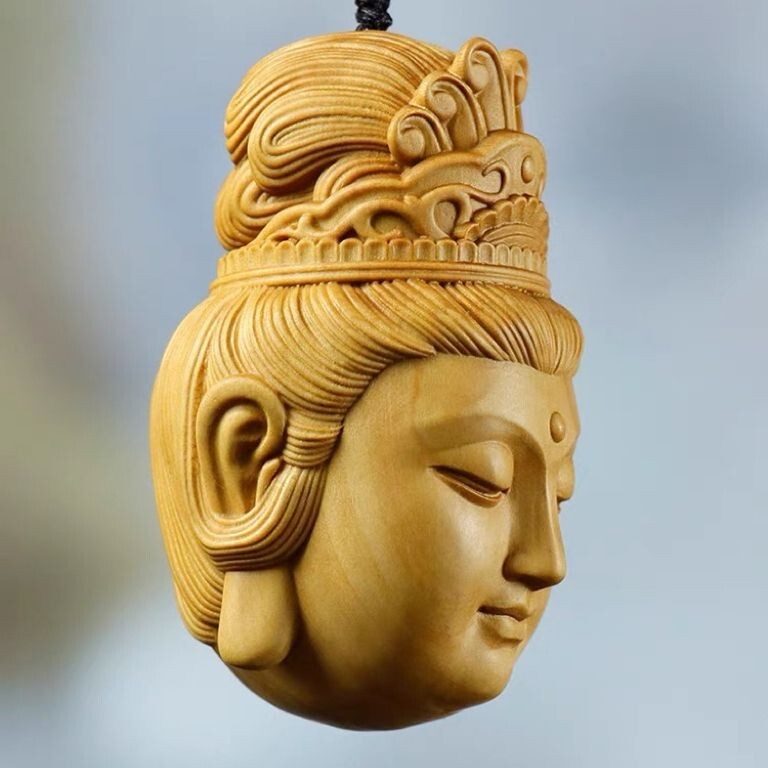 2.3" Natural Wood Carving Artware Avalokitesvara Pendant Men Lucky Hand Statue
