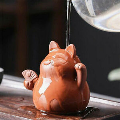 Chinese Purple Clay Tea Pet Cat Lucky Wealth Maneki Kungfu Tea Pet Home Decor