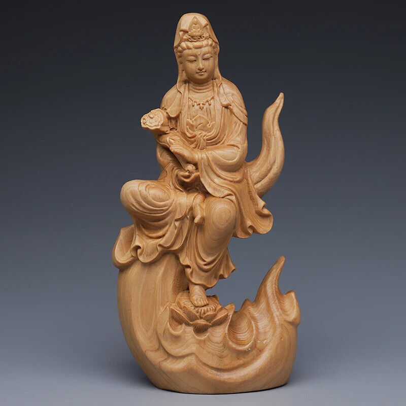 Wood Carving Flame Guanyin Decorative Statue Chinese Feng Shui Bedroom Figurines