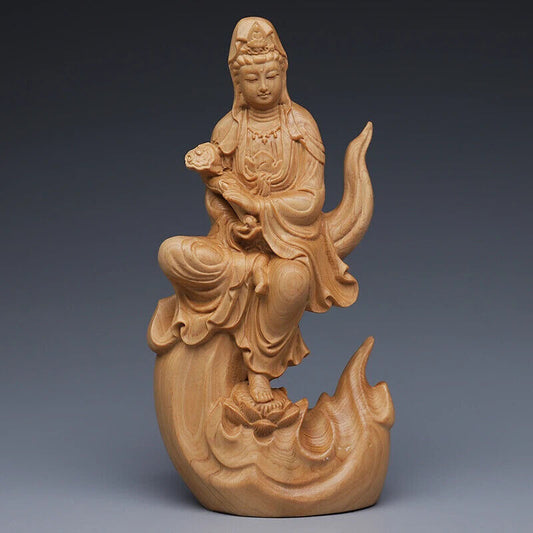 Wood Carving Flame Guanyin Decorative Statue Chinese Feng Shui Bedroom Figurines