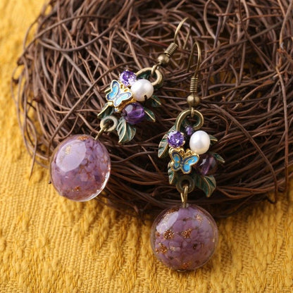 Boho Purple Flower Earrings Retro Ethnic Jewelry For Hanfu Cheongsam