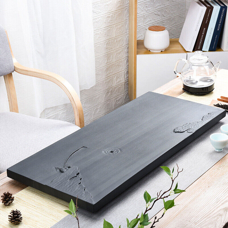 Newly Listed Chinese Black Stone Tea Tray Fishing Design Carved Weighted Tray