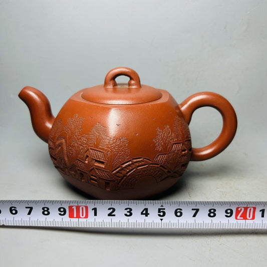 Chinese Yixing Purple Clay Teapot Zisha Ceramic Carving Landscape Collection Art