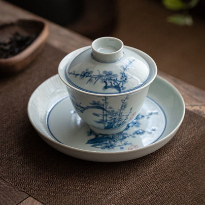 160ml Hand Painted Tureen Blue White Porcelain Gaiwan Cup Bowl Kung Fu Tea Set