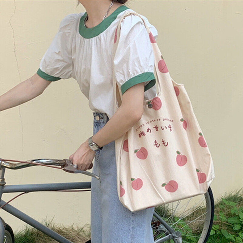 Peach Print Canvas Bag Tote Bag Large Capacity Shoulder Bag School Shopping Bag