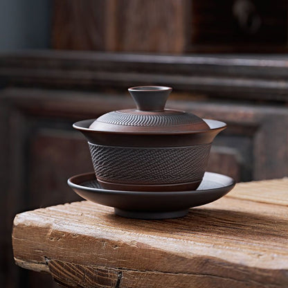 Handmade Purple Pottery Cover Bowl Embossed Bowl Cup Tea Bowl Kung Fu Bowl