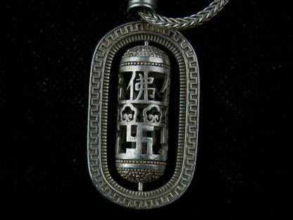 Tibetan Silver Necklace W/Amulet *4Swastikas* 佛 Hollowing Pendant