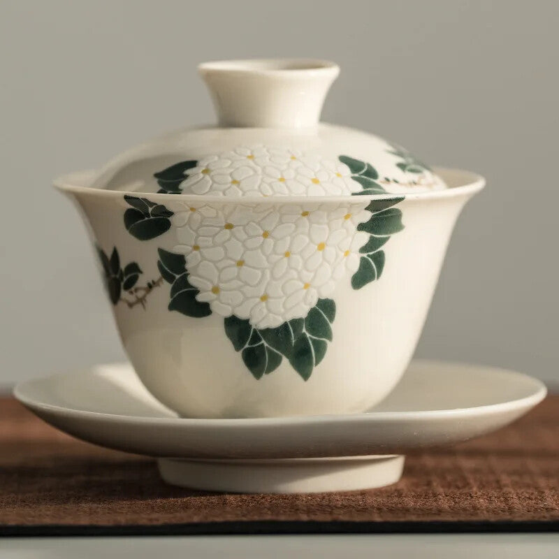 Ceramic Handmade Tureen Kung Fu Tea Set Bowl Cup Chrysanthemum Pattern Gaiwan