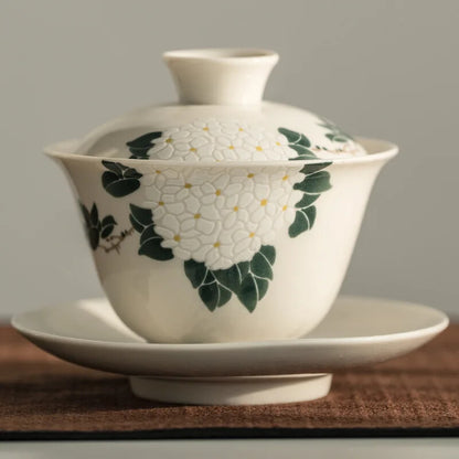 Ceramic Handmade Tureen Kung Fu Tea Set Bowl Cup Chrysanthemum Pattern Gaiwan