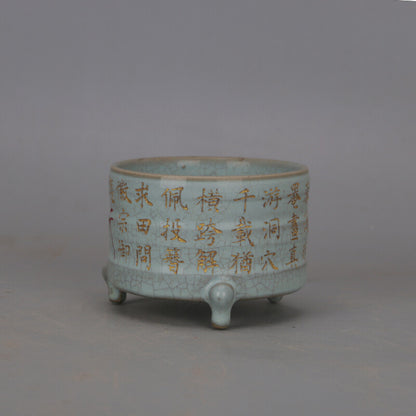 3.5 inch Chinese Song Porcelain Ru Kiln Celeste Glazed Three Foot Incense Burner -