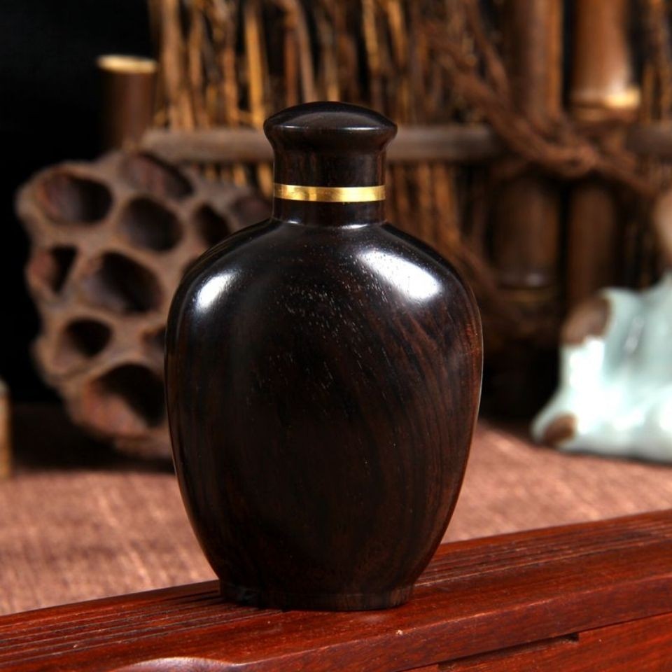 African Ebony Snuff Bottle 6.5cm Agate Inlaid Inside Painted Wooden Hand Piece