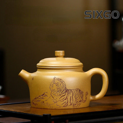 China Yixing Zisha Pottery Gold Section Clay Handmade 300cc Tiger Teapot 威震八方德鈡